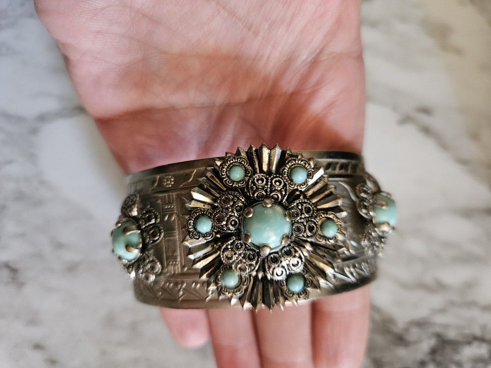 Vintage Silver Filigree Faux Turquoise Cuff Bracelet