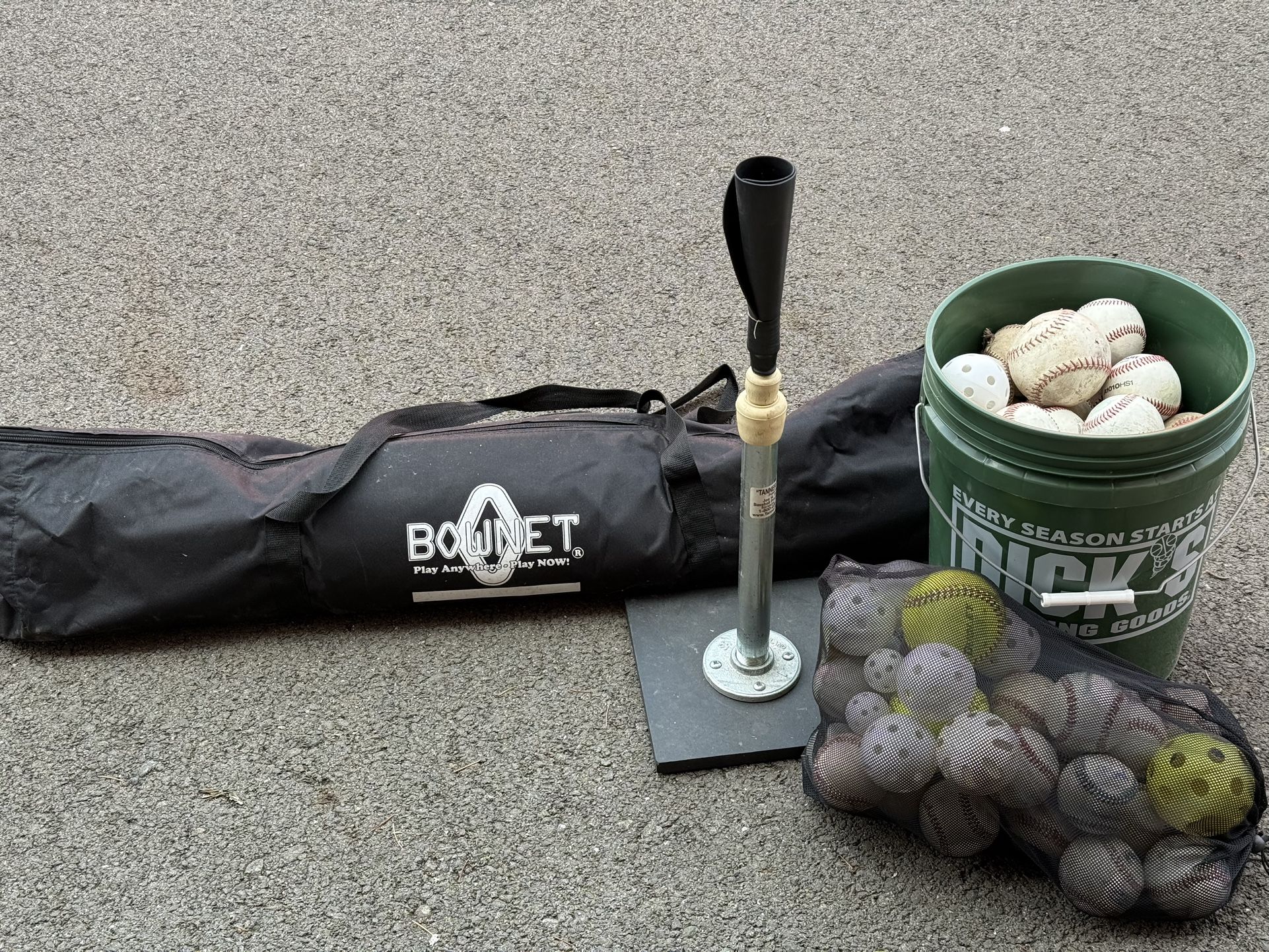 Bow Net Backstop, Baseball Tee, and Assorted Balls