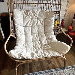 Light Brown Basket Wicker Outdoor Lounge Chair with White Cushion