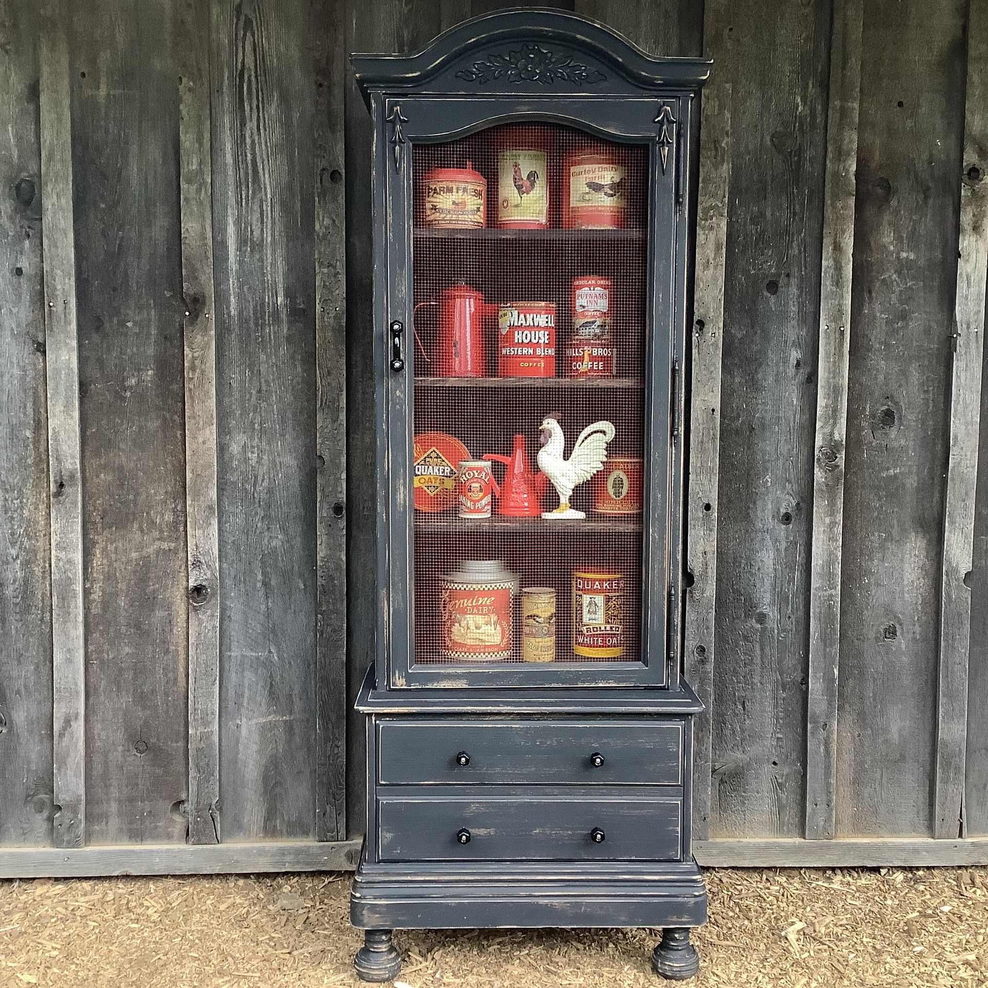 Farmhouse Black Hutch - Cupboard- - Screen Door Cabinet with 3 Adjustable Shelves 