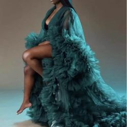 Green  Long Tulle Maternity Robes Sexy Sheer Long Ruffled Pleated