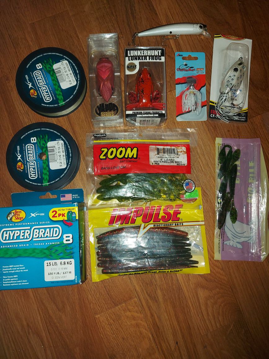 Fishing gear, braided line soft plastics and couple lures for bass fishing. Baitcast,reel,fishing pole, tackle, rod