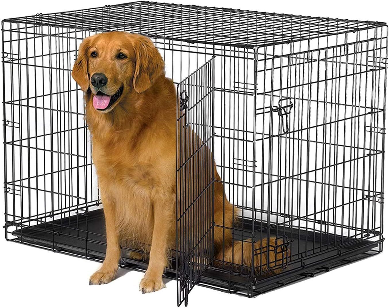 47.6 Inch Dog Crate Large Collapsible Dog Crate Wire Pet Dog Crate with Double Doors Leak Proof Plastic Tray Divider Outdoor Indoor Portable for Pets 