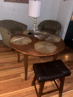 Round Wooden Dining Table with Stool & 2 big side chairs with lamp
