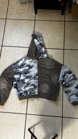 Distressed half camo half grey zip up