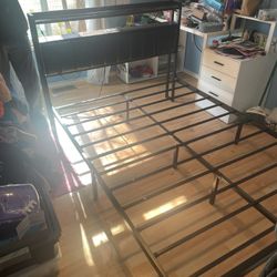 Full Size, Black Metal Bedframe With Outlets And Charging Station