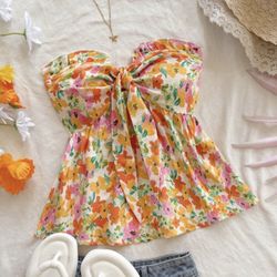 Spring & Summer Women's Vacation Crayon Color Floral Print Tube Top