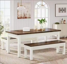 new assembled F1991X 55" Dining Table Set, 3 Pieces Wood Kitchen Table with 2 Benches