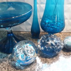 Art Glass Collection Aquamarine Retro 1960s 1970s. And Tall Blenko Vases Not Shown