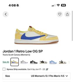 Jordan 1 retro low, Travis Scott canary’s size 13 W/11.5M
