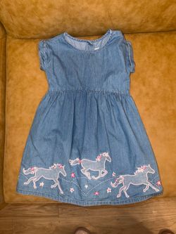 Gymboree Light Blue Denim Dress with Pink Pony horses Embroidery
