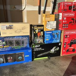 New Power tools, shop vac, 2 sound systems 