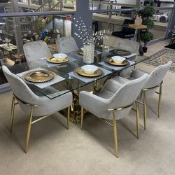 Clear Glass Top & Mirrored Gold Dining Room Set / 7pc