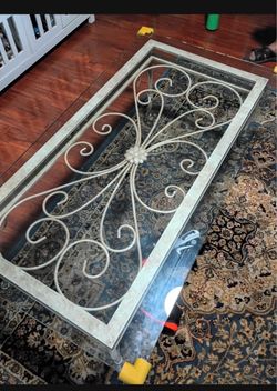 Glass Top Coffee Table with Wrought Iron Base