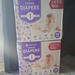 BRAND NEW 2 BOXES OF SIZE 1 MEMBERS MARK 176 COUNT DIAPERS