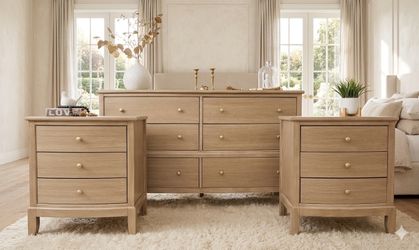 POTTERY BARN INSPIRED LONG WOOD DRESSER & TWO MATCHING NIGHTSTAND/ REFINISHED
