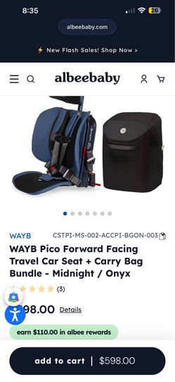 WAYB Pico Forward Facing Travel Car Seat + Carry Bag Bundle - Midnight / Onyx