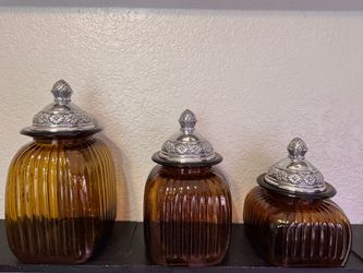 Vintage Artland 3-Piece Amber Ribbed Glass Canister Set with Pewter Lids