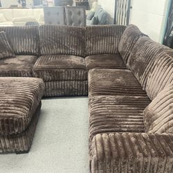 New Brown Corduroy Sectional Couch With Ottoman / Free Delivery