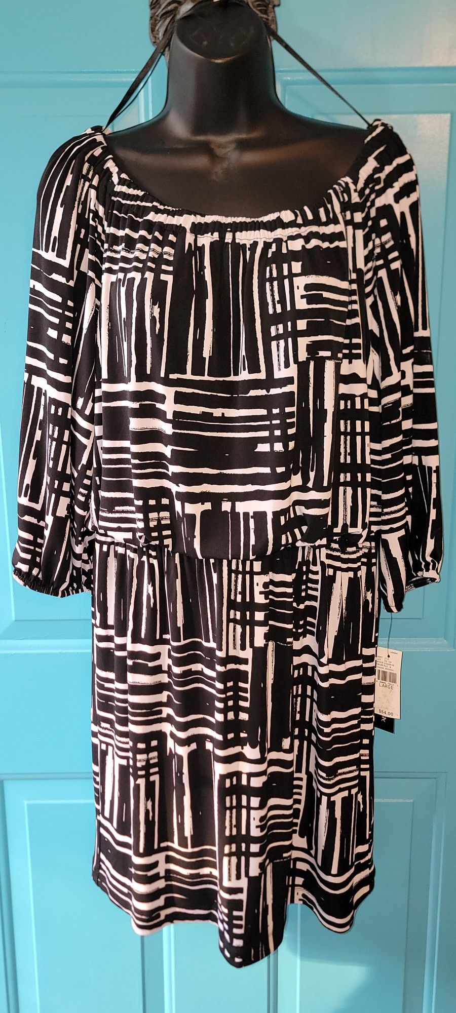 AB Studio Print Peasant Blouson Dress Black/White- Women's Size Large Paid $54 BRAND NEW WITH TAGS
