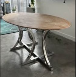 Solid Oak Wood Dining Table in White Cerused Oak + Polished Silver Metal Leg