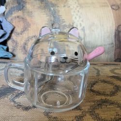 Cute Cat Glass Tea Cup with Lid and Spoon