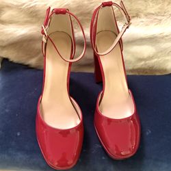 These shoes are red patent leather block heel heels with ankle strap for women size 9