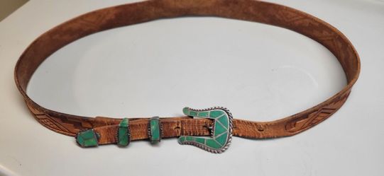 Antique Navajo  4 piece Sterling with channel inlay turquoise