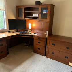 Wood L - Desks + Filing Cabinet