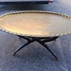 Morrocan Brass Tray Coffee Table on Mid-Century Style Base