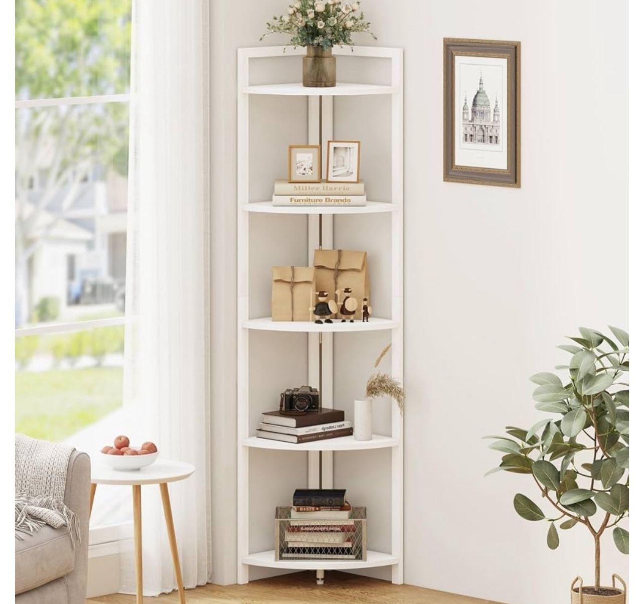 Rustic Tall Corner Shelf, 5 Tier Industrial Corner Bookshelf for Living Room, Oak Wood and Metal Corner Plant Stand for Home Office