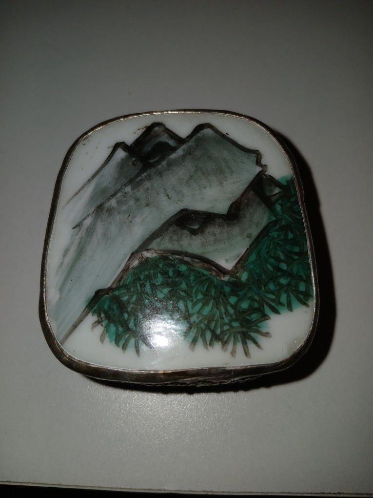 Chinese Silver Metal Porcelain Mountain Scene Trinket Box