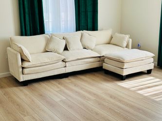 Sofa Couch for Living Room 4 Seat L form Sofa Couch with Movable Ottoman Beige