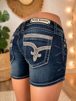 Rock Revival Sherry Jean Shorts Womens (29) Blue Denim Embroidered Rhinestone