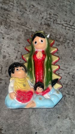 Virgin Mary, santo niño picture with frame still in plastic and vintage bear