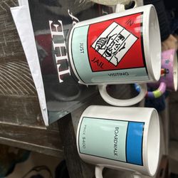2 Monopoly Board Game Coffee Mugs In Jail/Visiting Jail Boardwalk Place 12oz