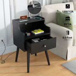 2 Nightstands with Drawer, Side Table with Charging Station