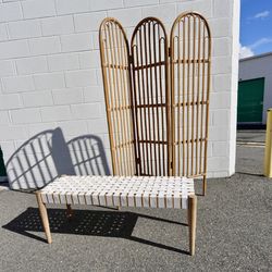 🏝️ MCM Beach House Bundle, Rattan Arch Screen + White Leather Weave Oak Bench, Room Divider