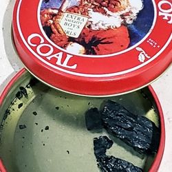 Novelty Christmas Morning Gag Gift " Tin Of Coal " 4in diameter 