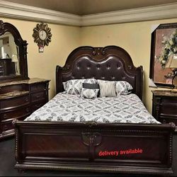 New/Dark Cherry Upholstered Sleigh Bedroom Set/ Dresser,mirror, Nightstand, Bed Frame/ Mattress Sold Separately 