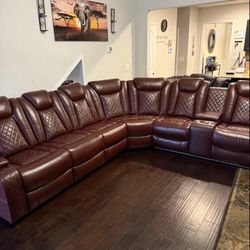 Leather Power rcliner sectional sofa Brown color with USB LED Wireless chargers