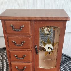 Vintage Wooden Jewelry Box Armoire Drawers Floral Glass Door 10” Tall Heavy