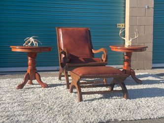 Leather Armchair with Ottoman and Two Side Tables
