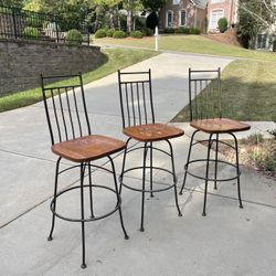 Thomasville Wrought Iron And Oak Bar Height Bar Stools