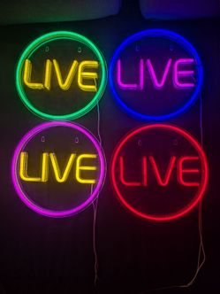 4 LED Neon “LIVE” Signs – Colorful USB Wall Signs – 12” Round