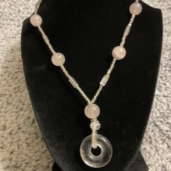 Pink Jade-ite Stones And Clear Beaded Necklace With Clear Donut Shape Pendant .30” Long