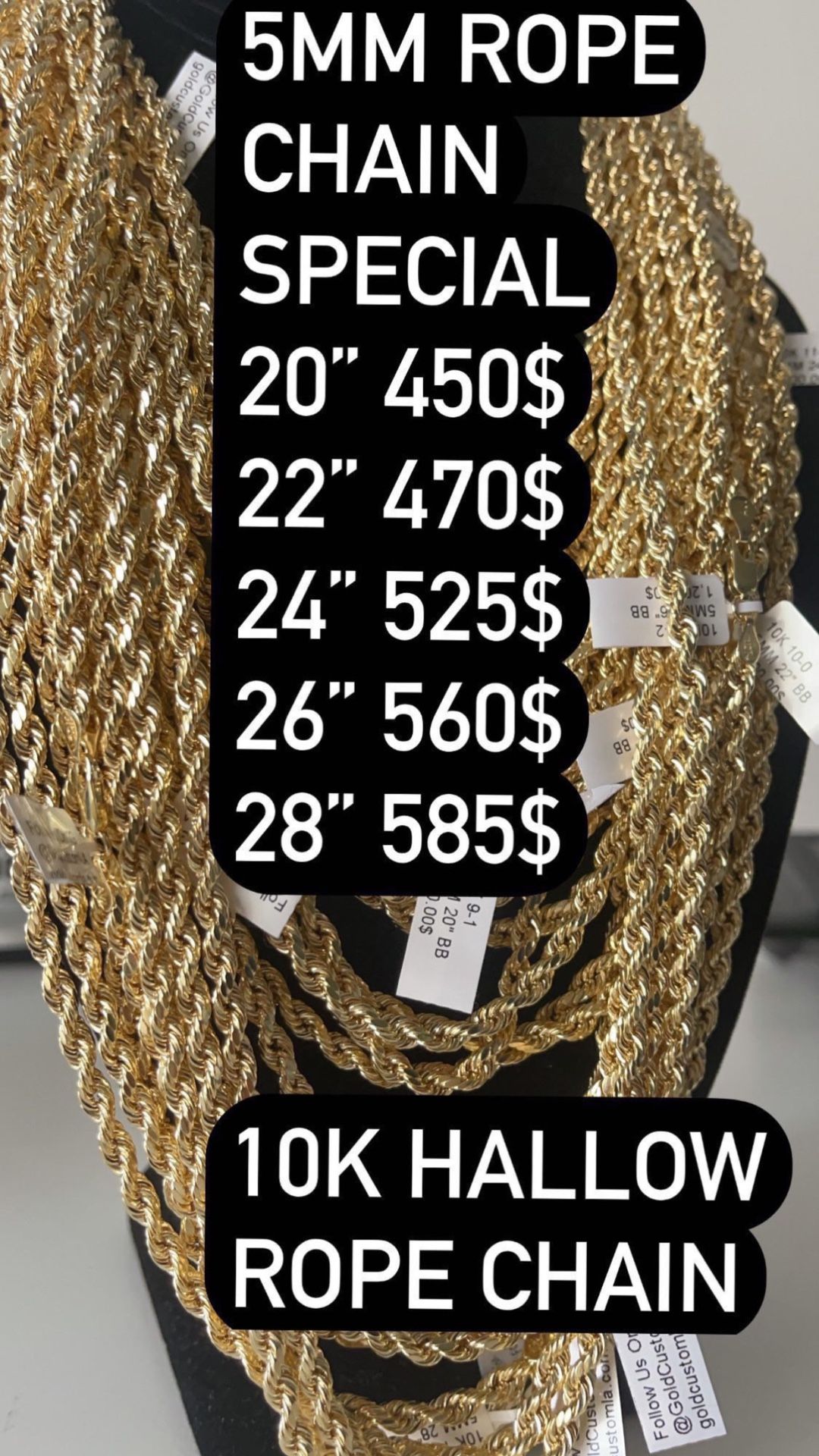 5MM Rope Chain 10K Gold Cadena ORO 10 K