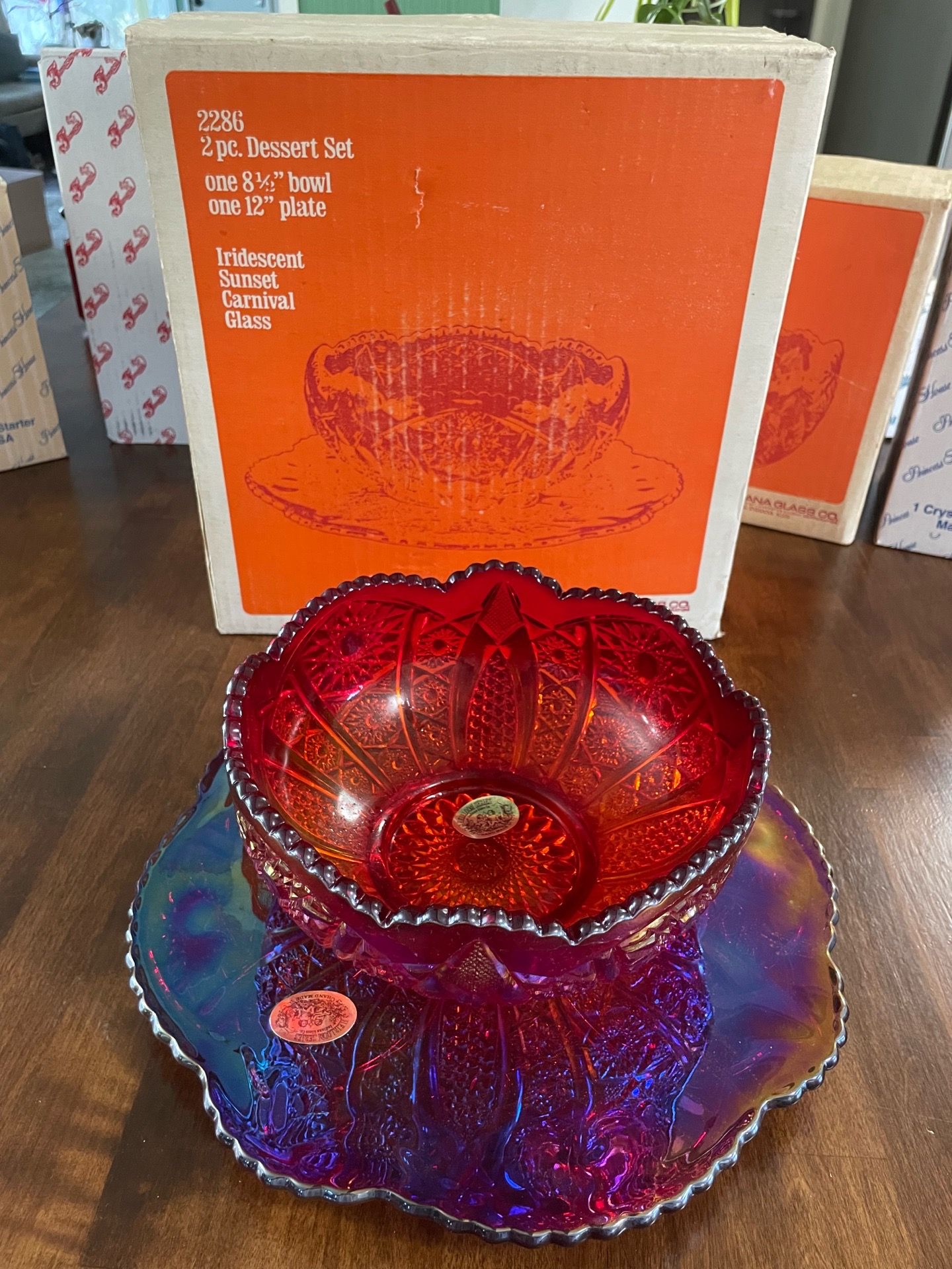 Indiana Glass Co Iridescent Sunset Carnival Glass 2 Piece Dessert Set #2286