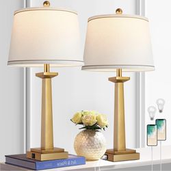 Set of 2 Table Lamps, 3-Color Temperature with USB Charging Ports - Rotary Switch ( Bulbs Included)