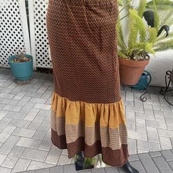 Kelita NY Vintage Long Skirt 1970s Women's Size S Brown Orange Geometric Print